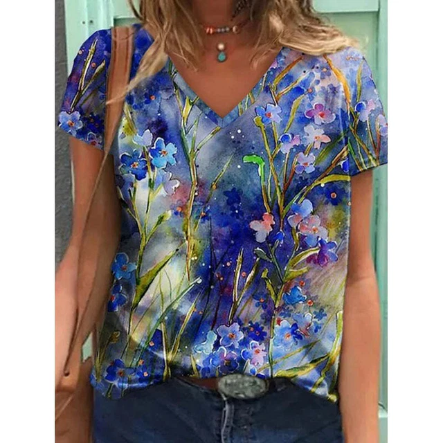 Abstract Painting T-Shirt Graphic Geometric Print V-Neck for womens