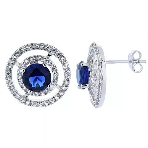 .925 Sterling Silver Micro Pave CZ Stud Earrings with Round Blue Sapphire, 9/16"