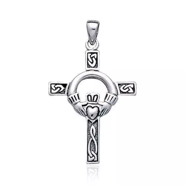 Claddagh Celtic Knotwork Cross .925 Sterling Silver Pendant Peter Stone Jewelry