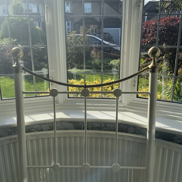 METAL HEADBOARD SINGLE bed off white & antique brass . 97cm x 133 cm