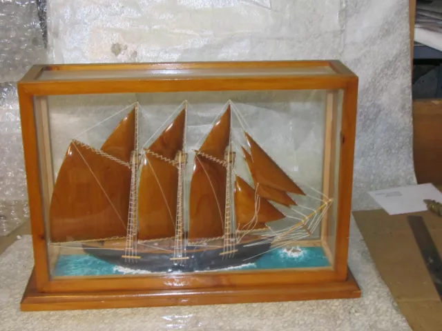 Large Wooden Schooner Ship Model With Rigging Mounted Glass Case Handmade