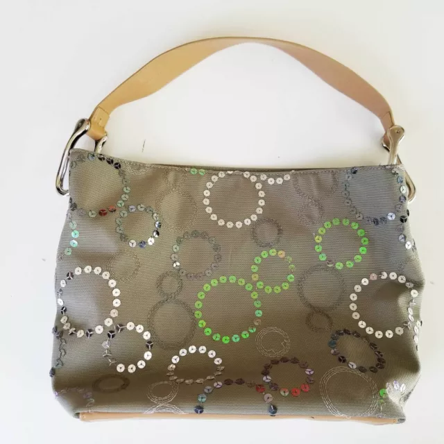 Green Canvas & Leather Shoulder Bag Purse With Sequins NWOT