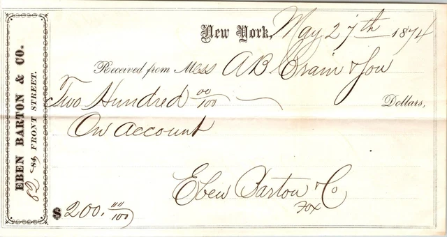 Eben Barton & Co New York NY 1874 Check Receipt Liquors Wines
