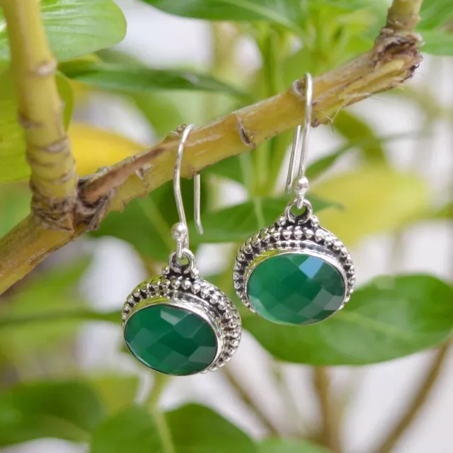 Genuine 925 Sterling Silver Oval Shaped Green Onyx Handmade Dangle Earrings