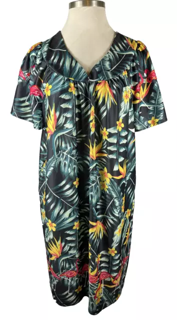 VINTAGE ANTHONY RICHARDS Hawaiian Floral Flamingo Maxi House Dress Plus ...