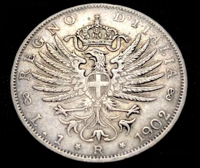 Italy 1 Lira 1902. Silver World Coin. King Vittorio Emanuele III. KM32