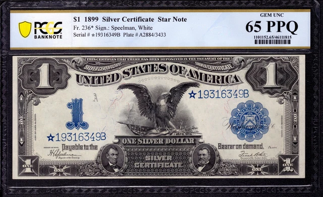 1899 $1 Silver Certificate Black Eagle Star Note Top Pop Fr.236* Pcgs Gem 65 Ppq