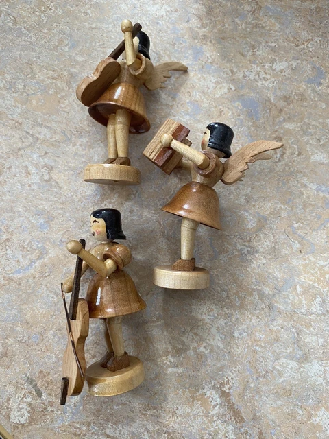 3x Engel mit Akkordeon , Cello, Gitarre, Fa. Blank Erzgebirge 1940, Vintage DDR