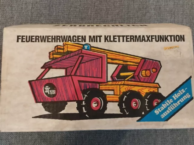 Vintage Holzspielzeug Laster LKW Fire Lastwagen Siso Holzauto Feuerwehr Neu NOS