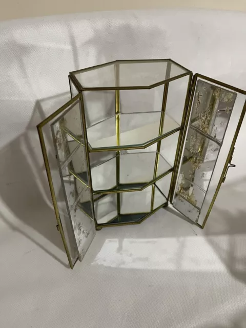 Brass & Glass Mini Curio Cabinet Trinket 3 Panel Display Vintage Slightly Damage