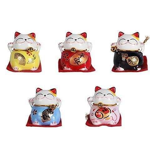 Mini Maneki Neko Lucky Cat Figurines Set of 5 Kawaii Japanese Smiley Waving U...