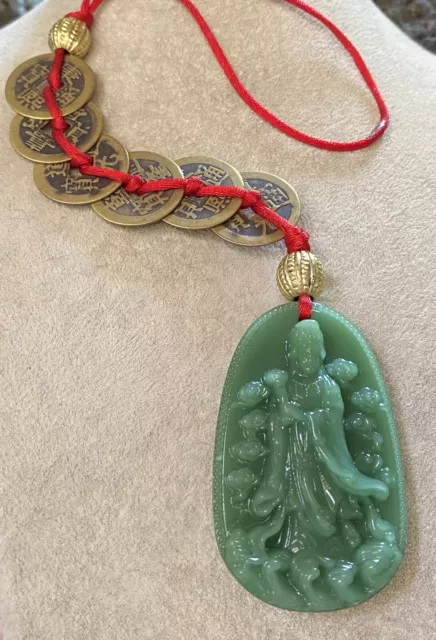 Jade Doorway Goodluck Symbol Oriental Wall Hanging coins red cord