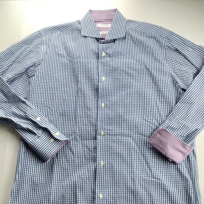 Isaac Mizrahi Mens Button Front Shirt Size 34/35 Blue & White Gingham Flip Cuff