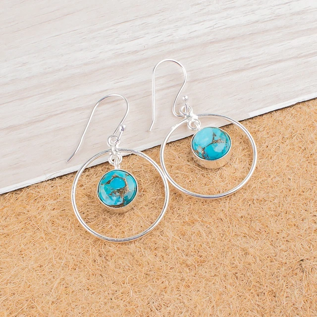 Natural Copper Turquoise Gemstone Earrings Blue 925 Sterling Silver Jewelry