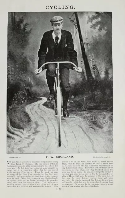 1896 Original Sport Imprimé & Text ~Cyclisme ~ F.W.Shorland Long Distance