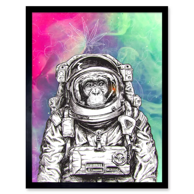 Trippy Monkey Ape Astronaut Illustration Weed Marijuana Art Print Framed 12x16