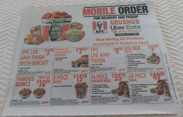 One (1) Sheet of Kentucky Fried Chicken (KFC) Coupons - Expiration 11/1/23