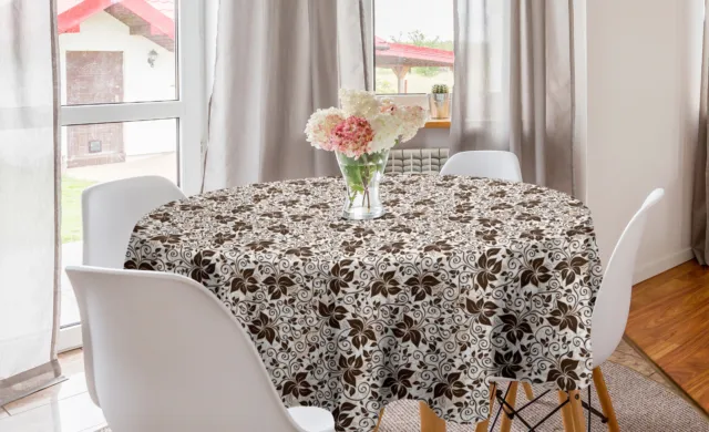 Earth Tones Round Tablecloth Brown Flower Leaves