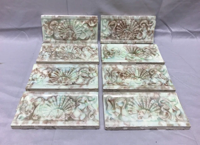 Antique Lot 8 Decorative Shell Ceramic Bathroom Tile 3x6 Vintage Old 134-23B