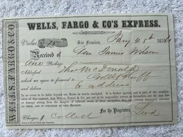 Old 1860 Original Wells Fargo & Co Express Receipt