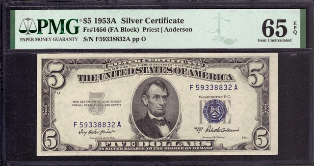 1953 A $5 Silver Certificate Note Fr.1656 Fa Block Pmg Gem Unc 65 Epq (832A)