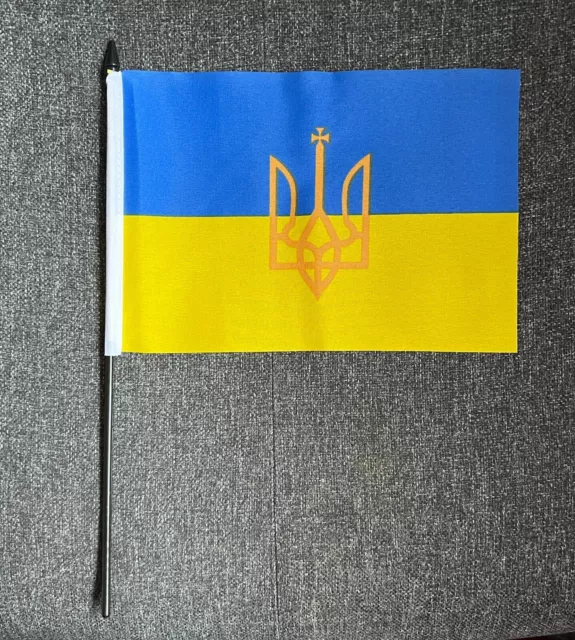 UKRAINE with Crest HAND WAVING FLAG 9"X6" 22.5cm x 15cm