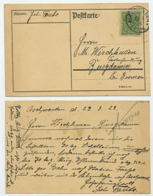 98755 - número de mi 232 - Postal - Aschwarden 23.3.1923 a Burgdamm cerca de Bremen