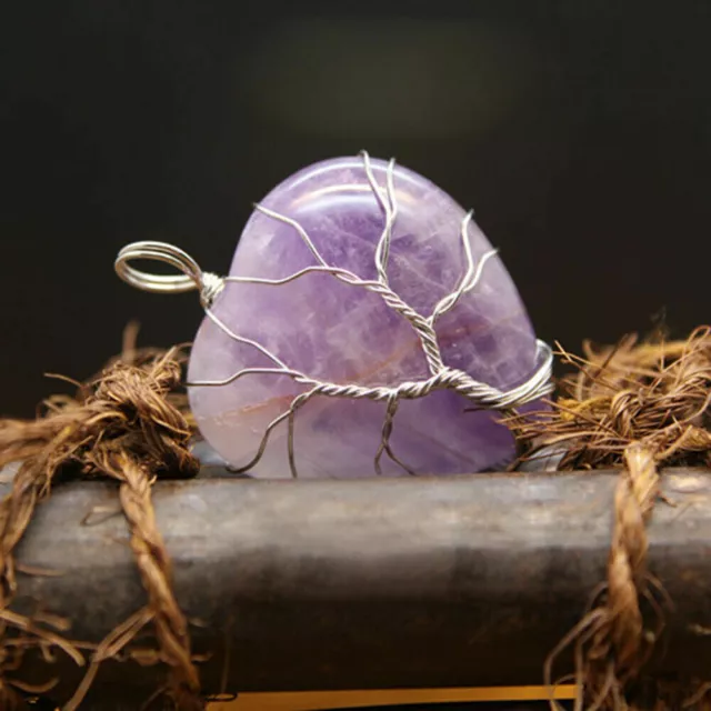 Natural Healing Crystal Quartz Wire Wrap Tree Of Life Heart Chakra Stone Pendant