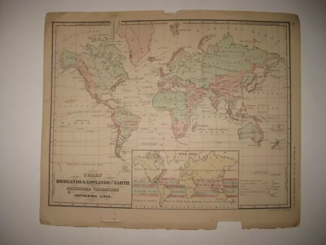 Antique 1867 World Highland Lowland Geological Wind Volcano Hdclr Map Chart Asia