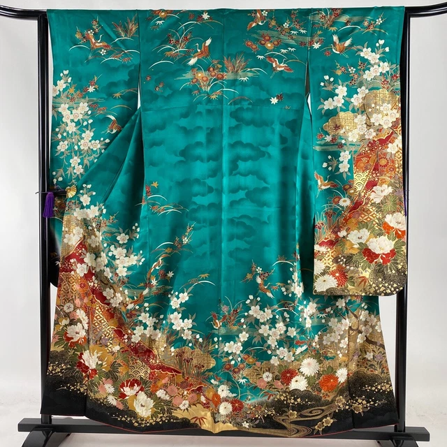 Japanese Silk Kimono Robe Furisode long Gold Green Flower Peony Cherry Mum Japan