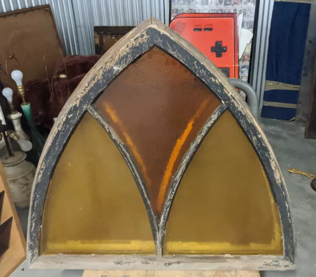 Vintage Antique Church Stained Glass Window Arch Shaped Wood & Glass 33" Tall