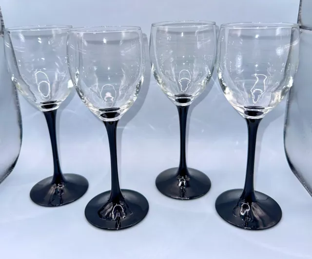 Vintage Luminarc Black Stemmed Modern Wine Glasses France 8oz Set of 4