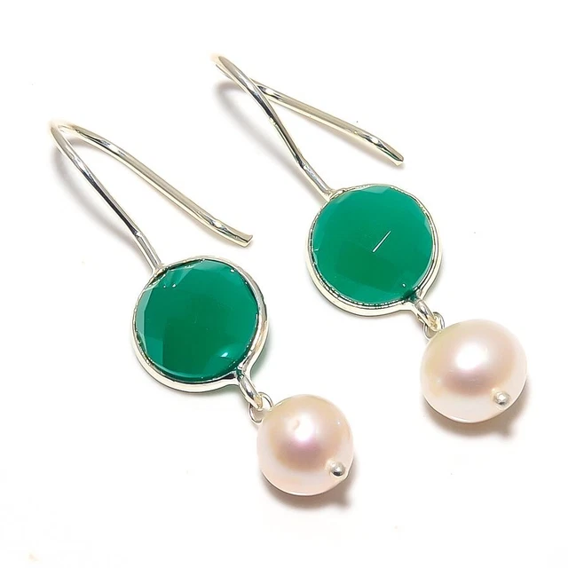 Green Jade, Pearl Gemstone 925 Sterling SilverJewelry Earring 1.58 " v281