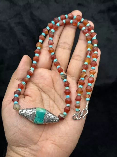 Vintage Tibetan Old Carnelian Sterling Silver Capped Turquoise Beaded Necklace