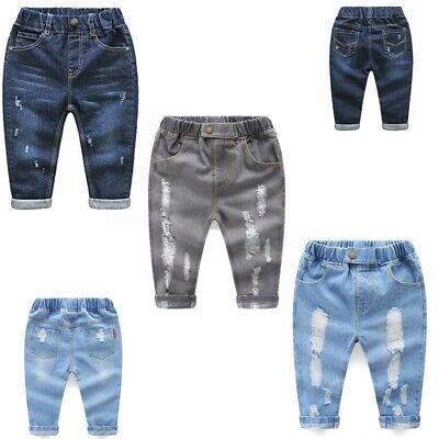 Toddler Baby Boys Denim Pants Ripped Jeans Elastic Waistband Trousers Bottoms
