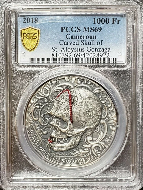 2018 Cameroun 1 oz Silver Carved Skulls Skull of St. Aloysius Gonzaga PCGS MS69