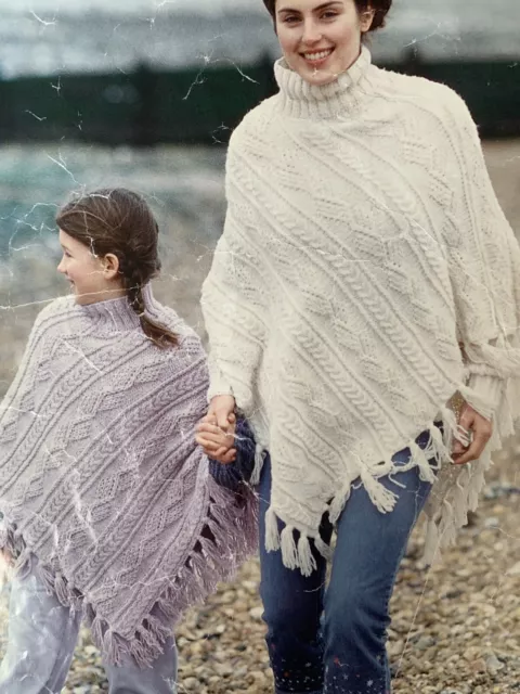 Sirdar 8425 Aran Knitting Pattern Ladies Girls Polo Roll Neck Poncho 24-34"