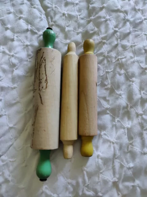 Three Vintage Children's Rolling Pins Green/Yellow Handle