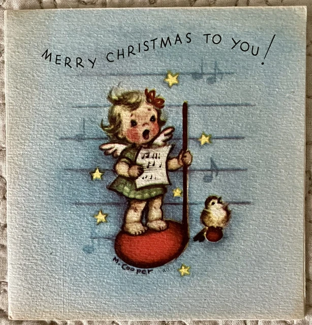 VINTAGE CHRISTMAS ANGEL Marjorie Cooper Music Note Greeting Card 1950s