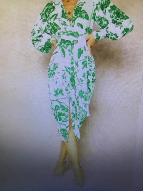 boohoo Floral Plunge Tie Waist MIDI Dress Green Size 14 Tote 6