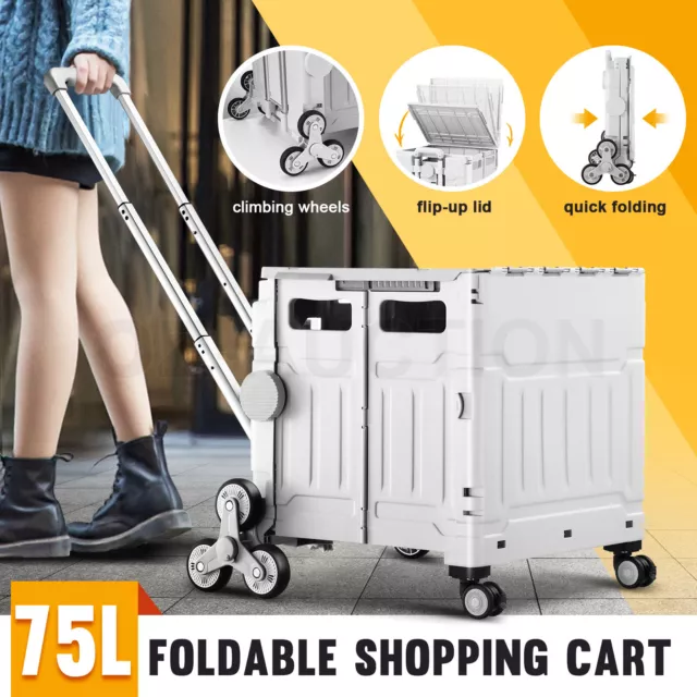 Foldable Shopping Cart Trolley Basket Luggage Grocery Storage Rolling Crate 75L