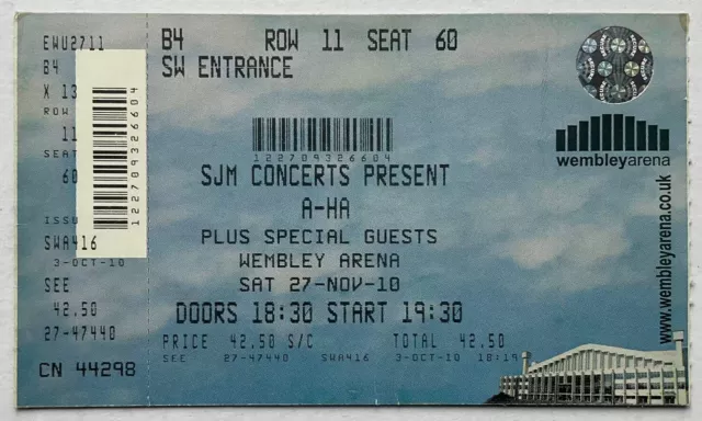 A-Ha Original Unused Concert Ticket Wembley Arena London 27th Nov 2010