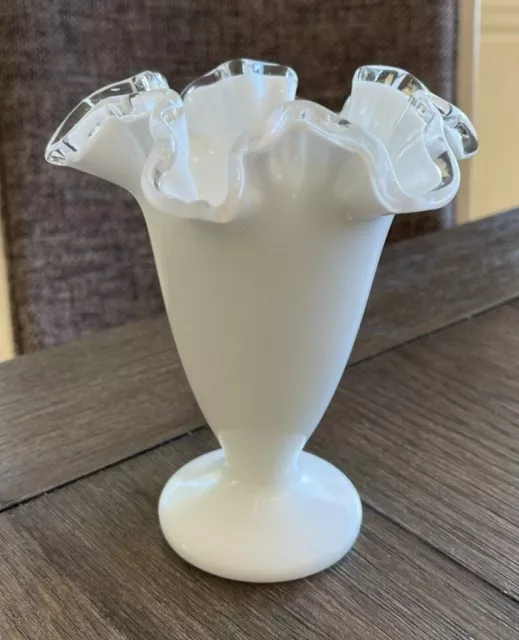 Vintage Fenton Silver Crest Milk Glass 6" Vase Ruffled Clear Translucent Edge  