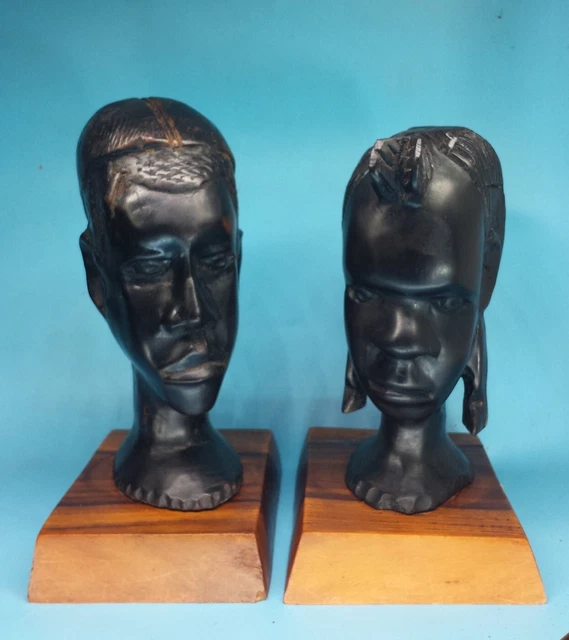 Paire de Bustes Statues Africaines Ebène Epoque Coloniale  Bois d'Ebène et Noyer
