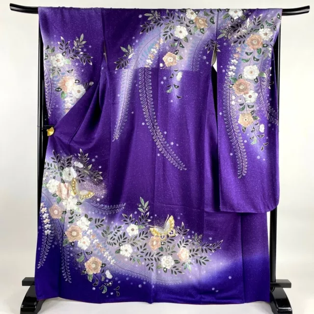 Japanese kimono SILK"FURISODE" long sleeves,Gold /Silver,Tujiga-Hana, L5'5".3398