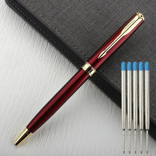 New Luxury Metal Ballpoint Pen Stainless Steel Golden Trim Gift With 4pcs Refill