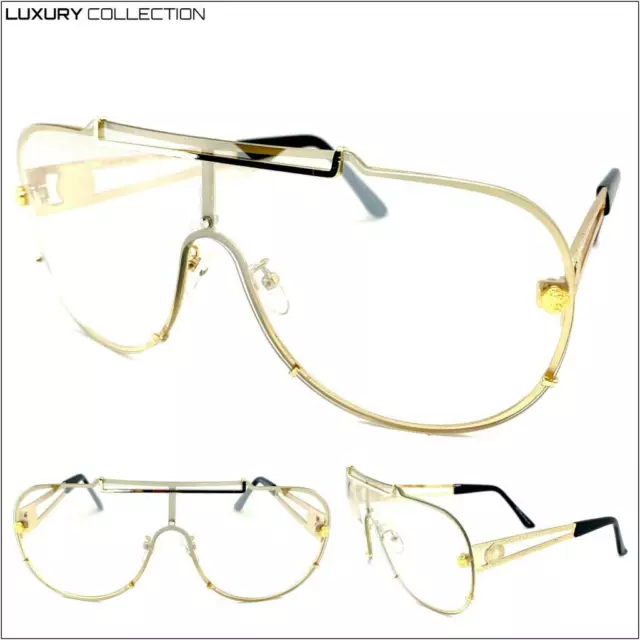 Oversize Retro Modern Shield Style Clear Lens Light Tint SUN GLASSES Gold Frame