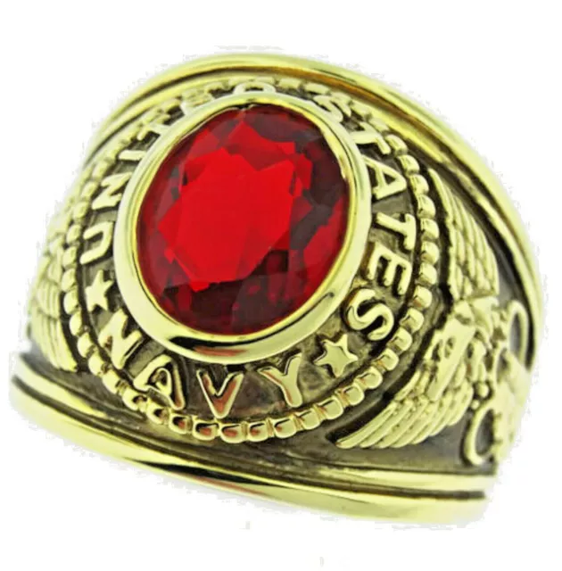 US Navy Ring red crystal stone yellow 18kt antiqued Military SZ 9 10 11 12 New