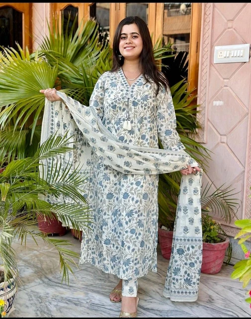 Pakistani Women Designer Printed Work Straight Salwar Kurti Pant & Dupatta Dress