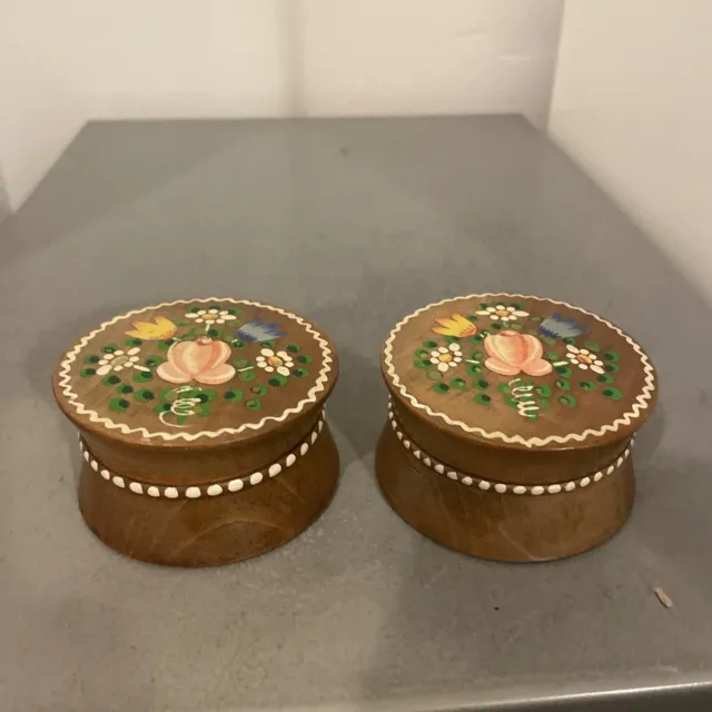 Vintage 2 X Round Wooden Boxes, Hand Painted Floral Design On The Lid